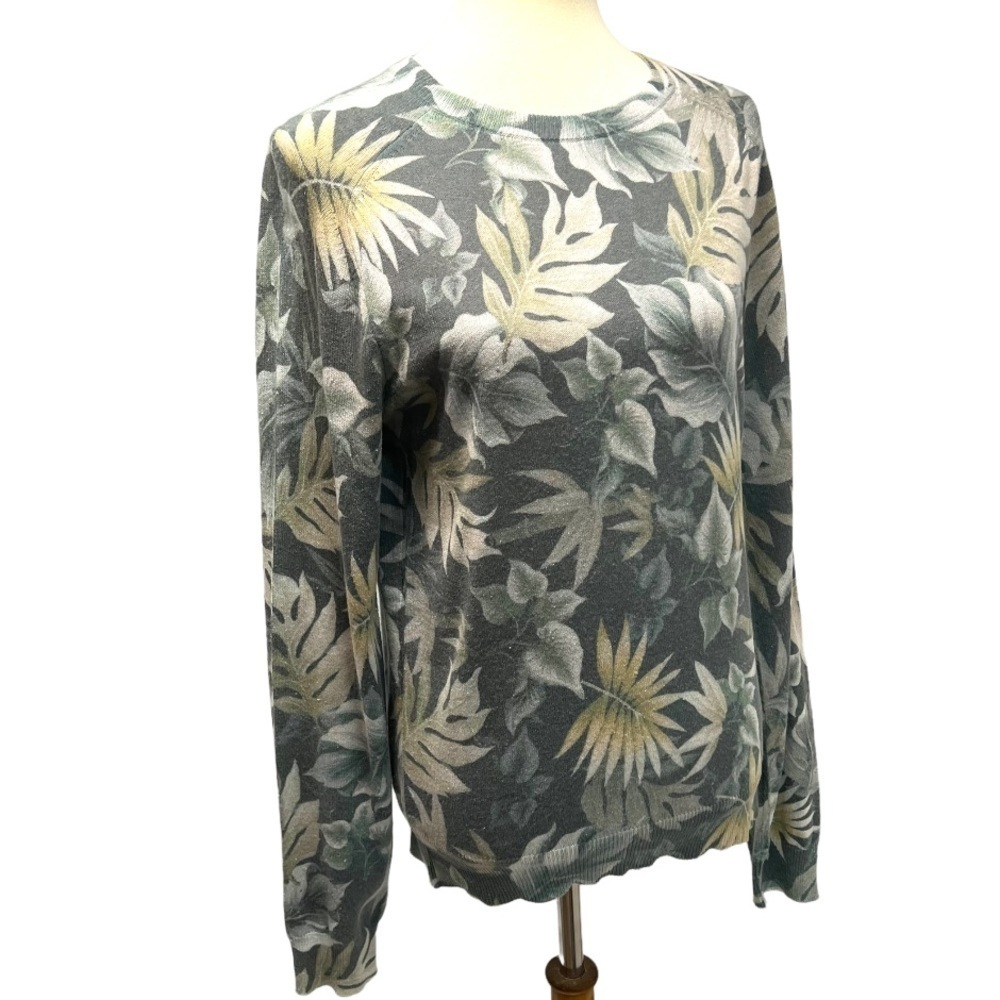 Saks Fifth Avenue Green Palm Print Cotton Blend Sweater - Picture 6 of 9